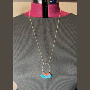 Gold Metallic Costume Jewelry Necklace with Teal/Purple Fringe Embellishment